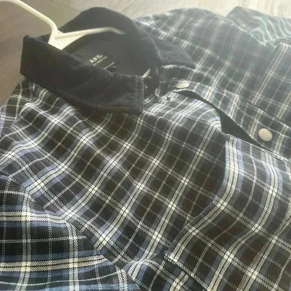 A.P.C. Navy Blue Plaid Button-Up Shirt Jacket with Corduroy Collar - Small - Picture 4 of 9